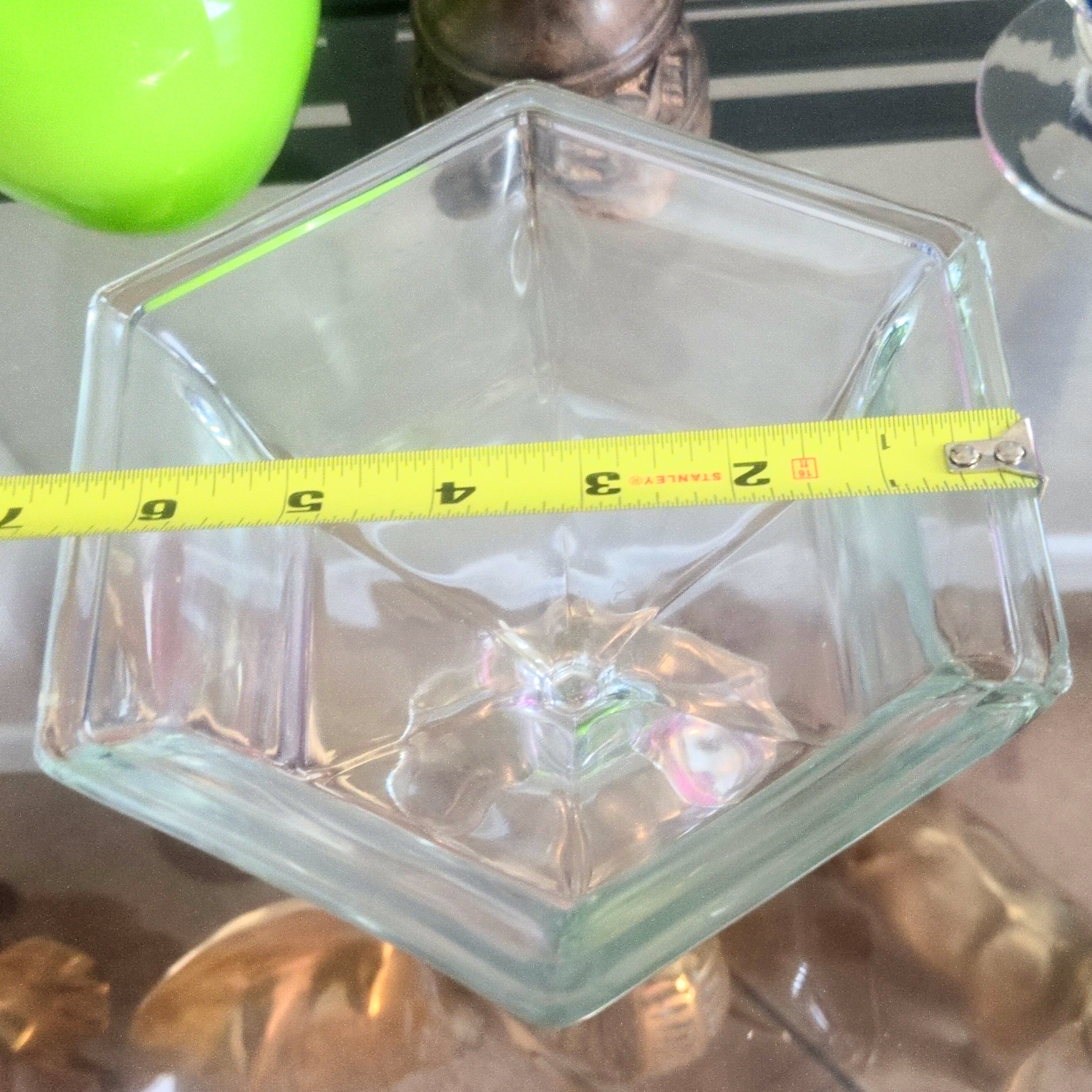 vintage clear pressed-glass octagonal pedestal compote  that glows blue under a 365 UV light.