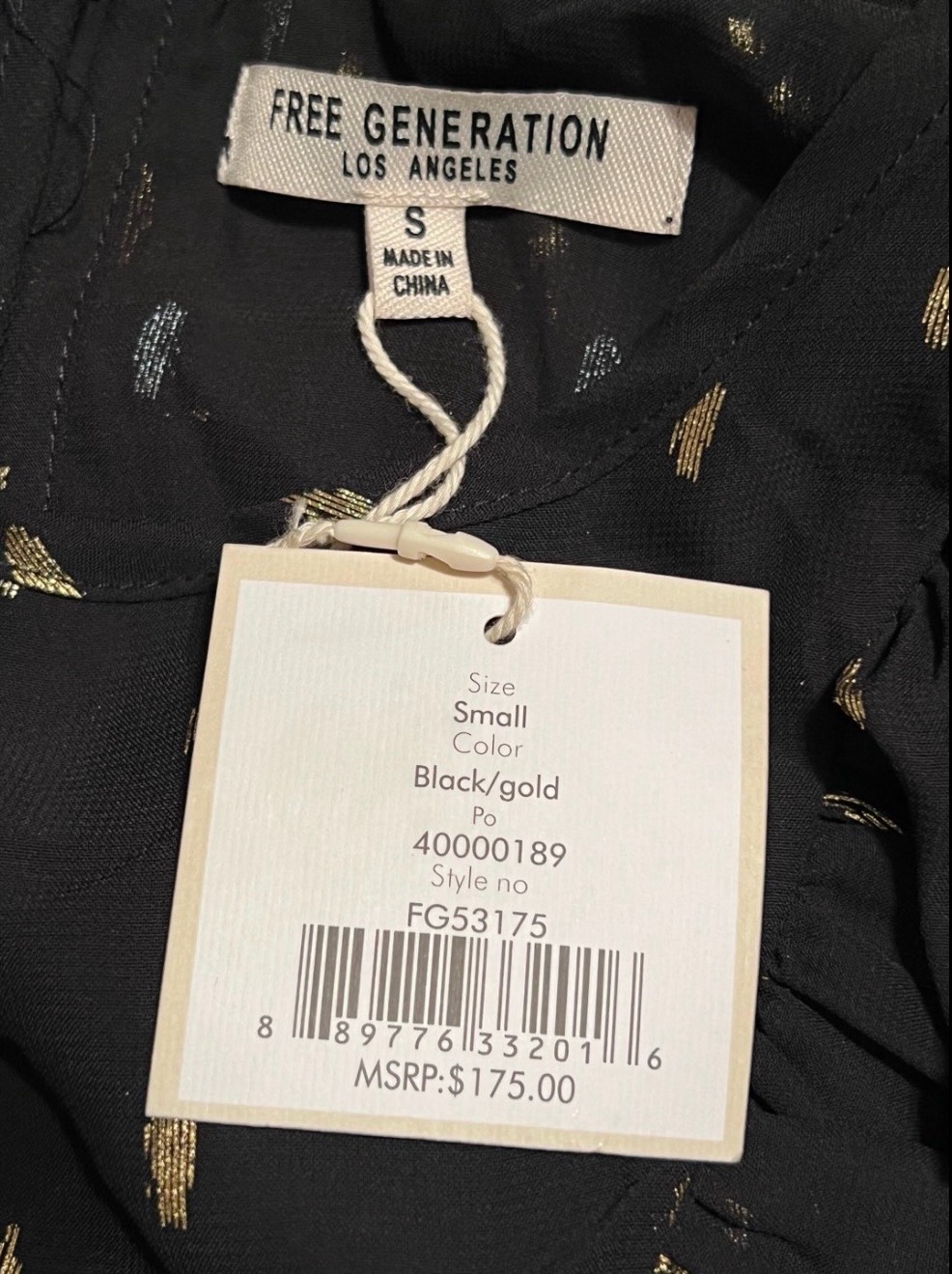 Free Generation LA NWT Size Small Black & Gold Sheer Blouse